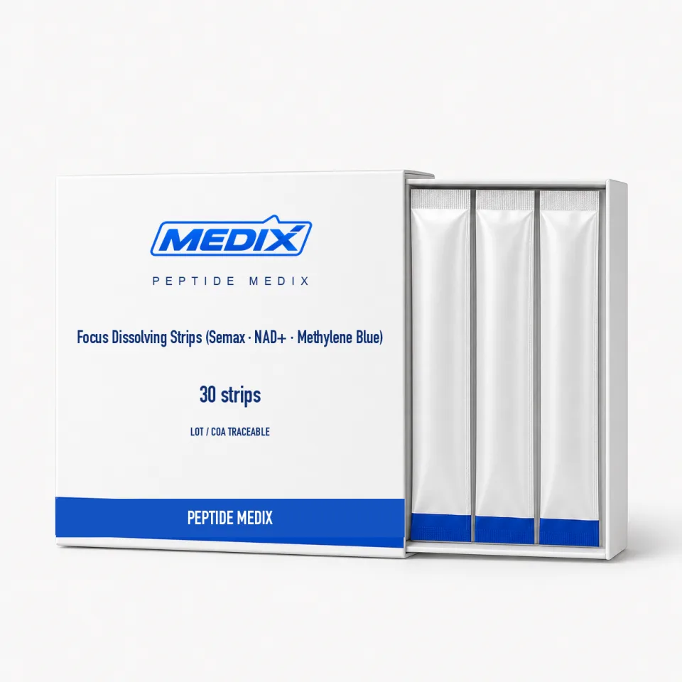 Focus Auflösbare Streifen (Semax · NAD+ · Methylenblau) – Forschungspeptid Focus Auflösbare Streifen (Semax · NAD+ · Methylenblau) Forschungspeptid Schmelzfilme – Peptide Medix EU